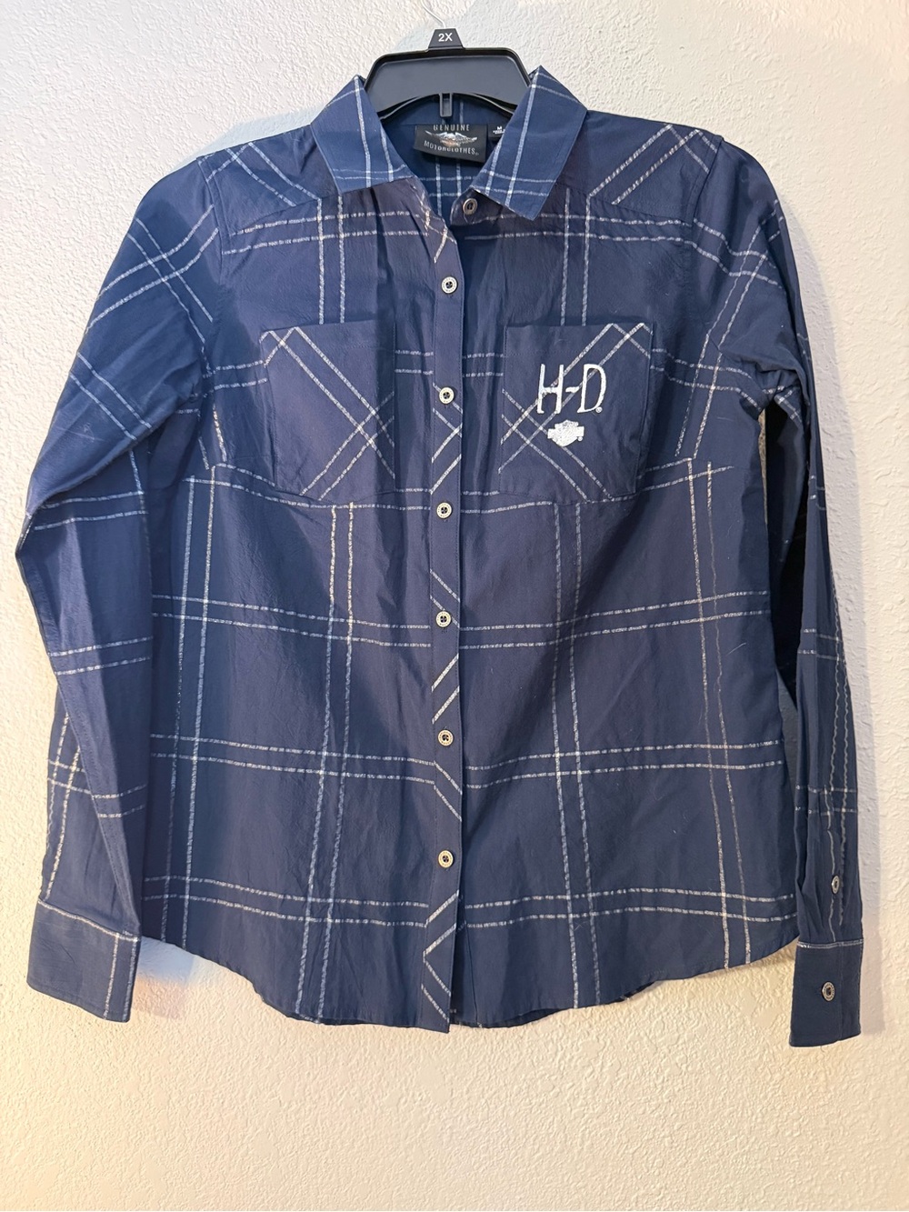Harley Davidson Blue Plaid Button-Up Shirt with Back Graphic - Picture 2 of 9
